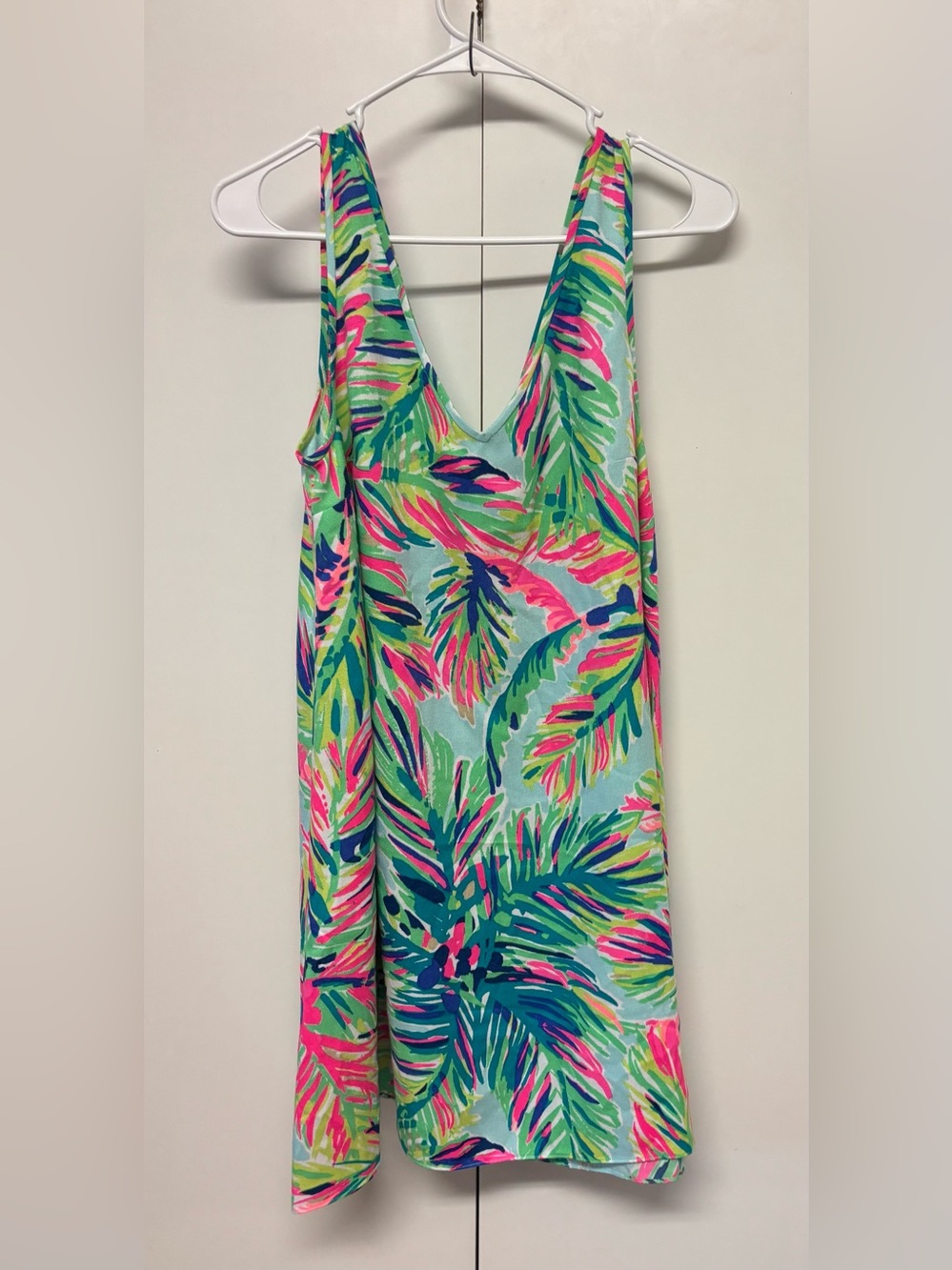 Lilly Pulitzer Mint Tropical Leaf Mini Dress with Pink & Green Accents
